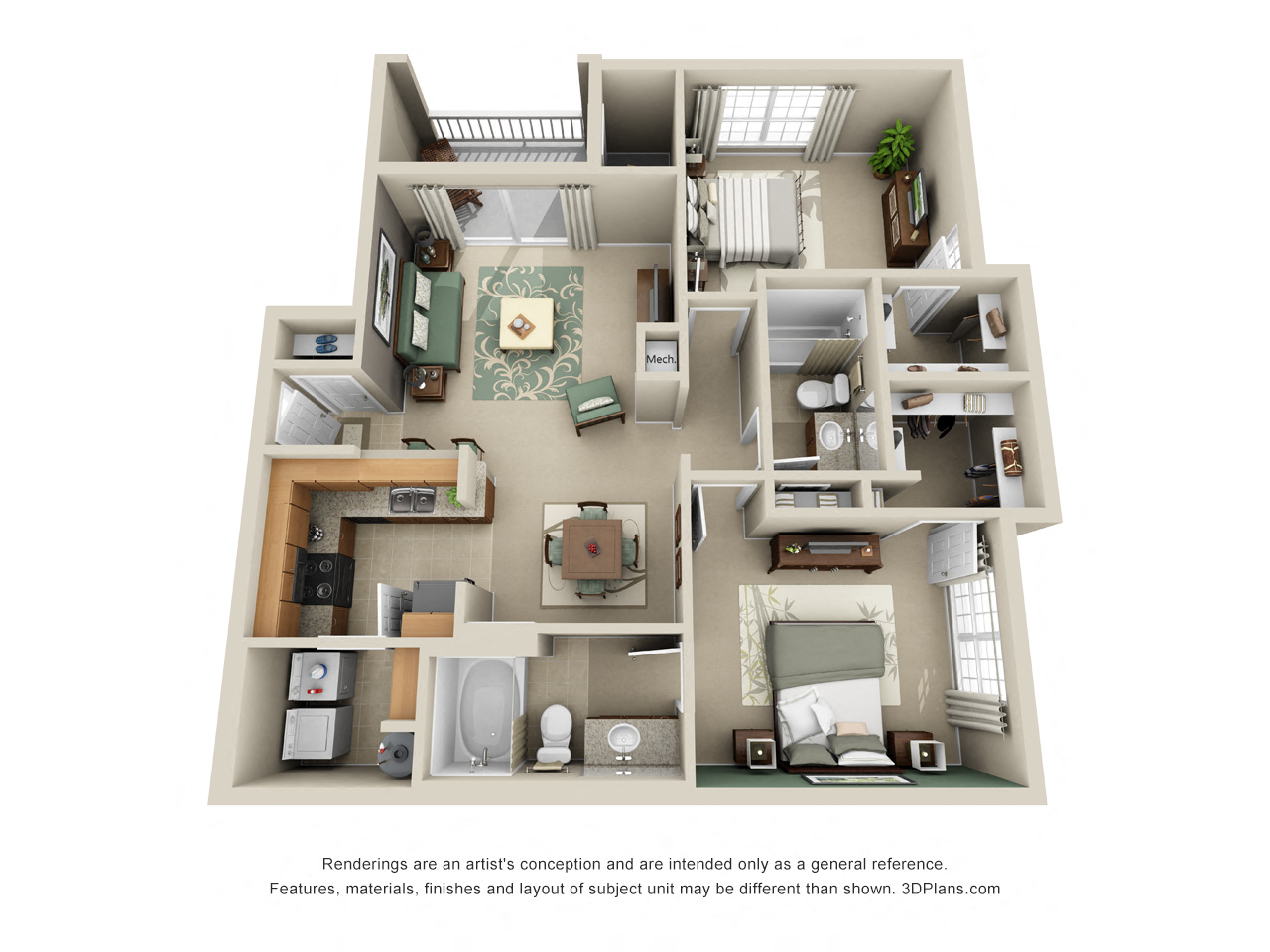 Floor plan for 2 beds, 2 baths, 1062 sqft